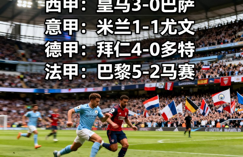 五大联赛直播画面，绿茵场上球员飞奔争抢足球，远处看台球迷挥舞旗帜，画面展示多联赛比分叠加层